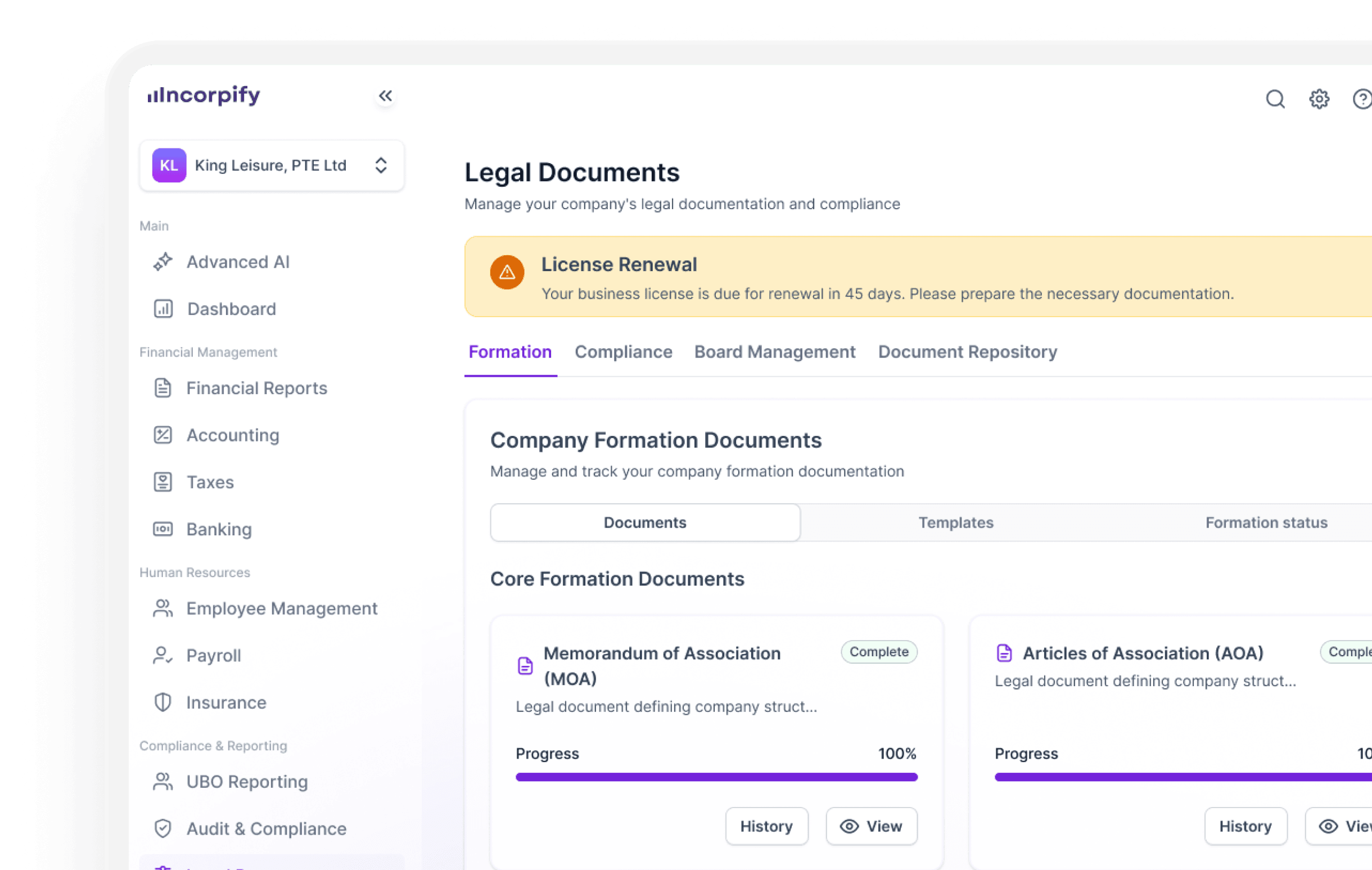 Incorpify platform preview